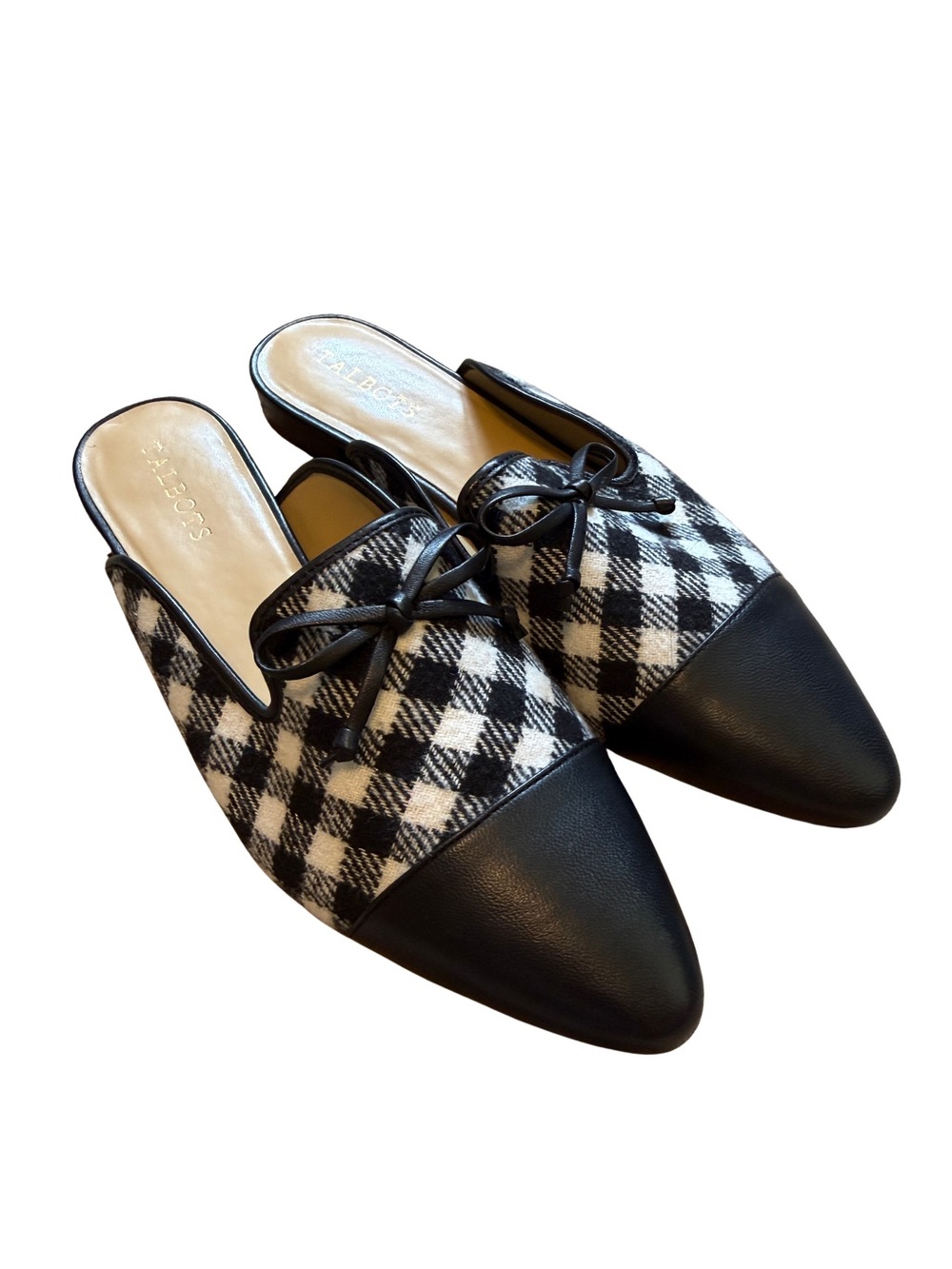 Talbot’s Edison Black and White Plaid Point Toe Capped Bow Mule 9.5M